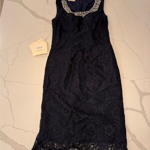 TS Couture Navy Lace Cocktail Dress Beaded Neckline Sleeveless | Elegant Formal